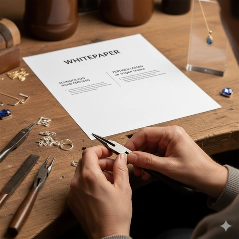 Whitepaper Schmuck fertigen vs. fetigen lassen Dieses Whitepaper vergleicht dieEigenfertigung mit der Femdfertigung und beleuchtet Vor- und Nachteile