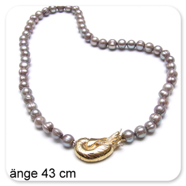 Süßwasserperlkette mit einem Verschluss eines Perlbootes oder Nautilus. Silber vergoldet.