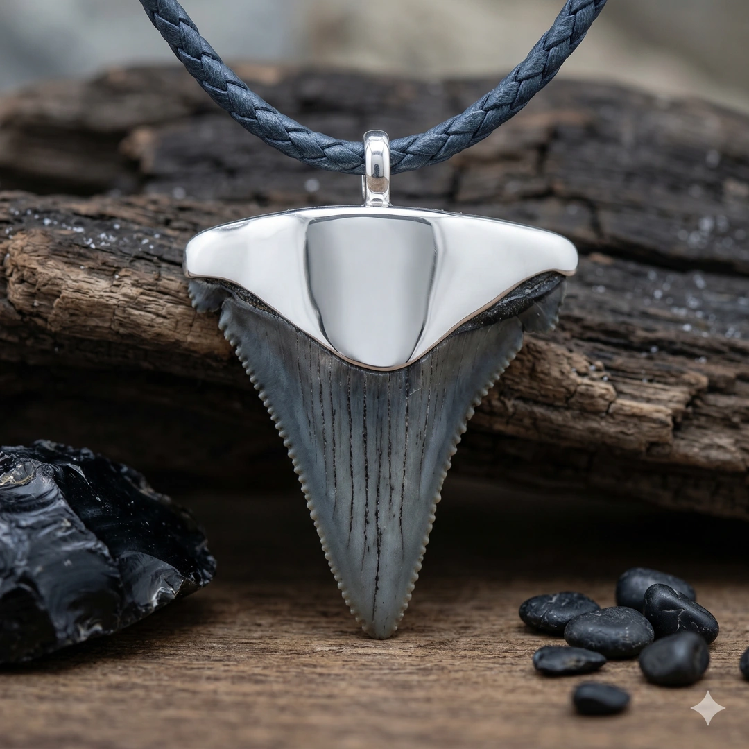 Wunderschöner großer fossiler Carcharocles Auriculatus mit einer handgearbeiteten Silberfassung.