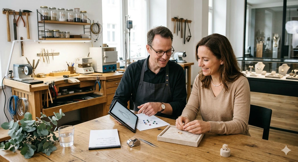 Beratungsgespräch mit Schmuckskizzen auf dem Tisch